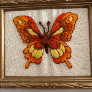1973 Vintage Vibrant Butterfly Embroidered Framed Home Decor Final Sale